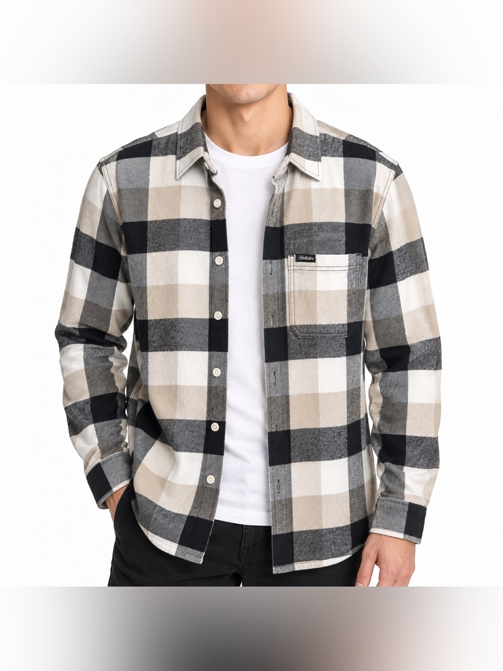 Hollister Neutral Plaid Flannel Overshirt Black Tan Unisex Men’s L